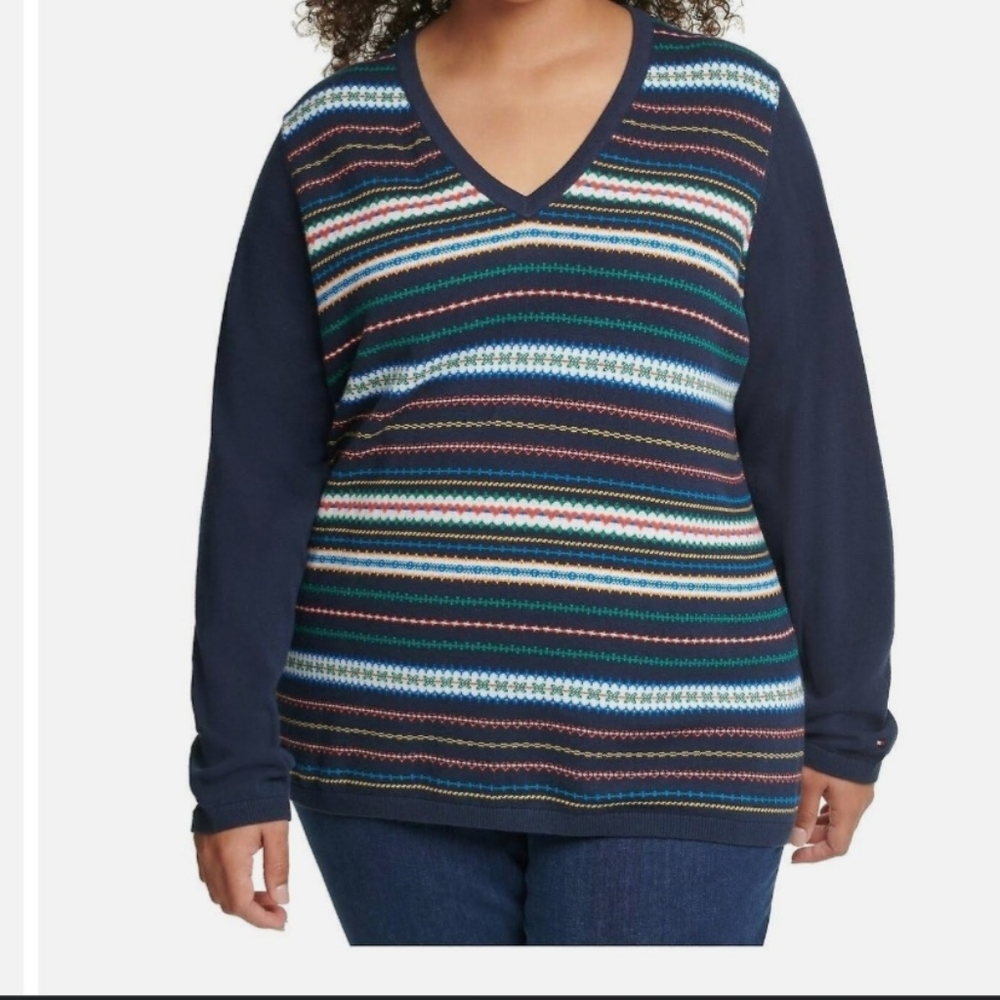 TOMMY HILFIGER IVY FLOAT V NECK STRIPED SWEATER 1X